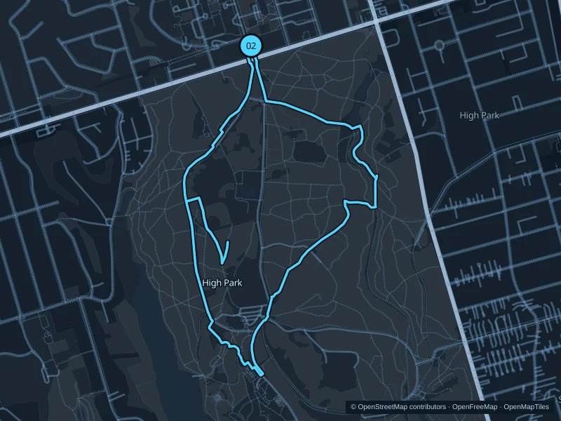 Karte der 3,8 km langen Laufroute High Park, Start und Ziel sind mit 02 markiert.