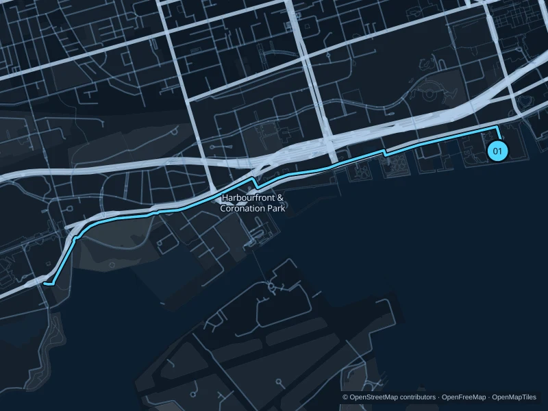 Karte der 5,6 km langen Laufroute Harbourfront & Coronation Park, Start und Ziel sind mit 01 markiert.