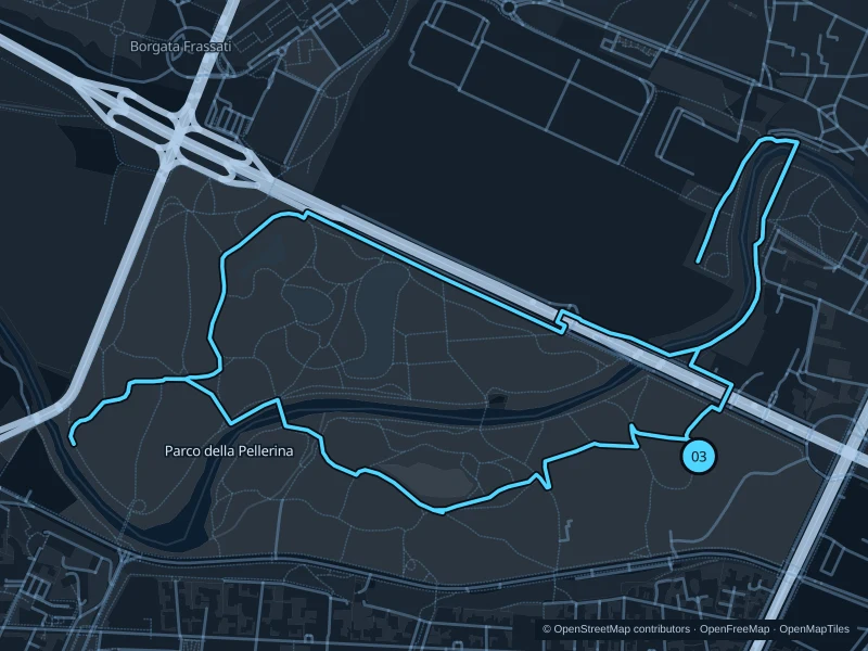 Mapa de la ruta Parco della Pellerina de 6,1 km, con inicio y llegada marcados como 03.