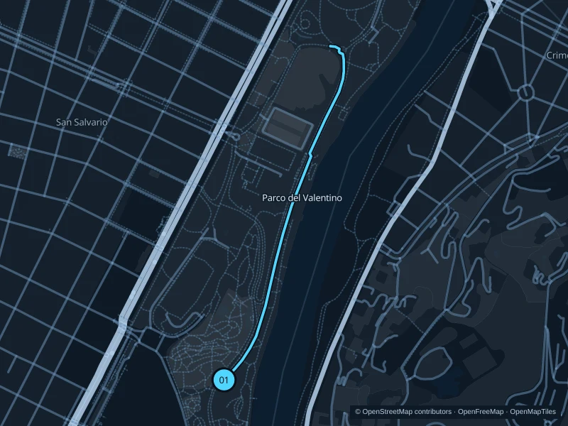 Mapa de la ruta Parco del Valentino de 1,8 km, con inicio y llegada marcados como 01.