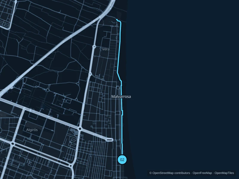 Mapa de la ruta de 5,4 km por el paseo del Cabanyal y la Malvarrosa, con inicio y final marcados con 02.