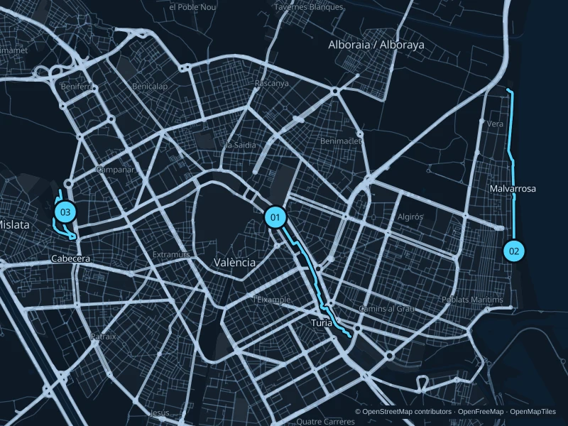 Mapa de Valencia con tres puntos de inicio numerados para correr.