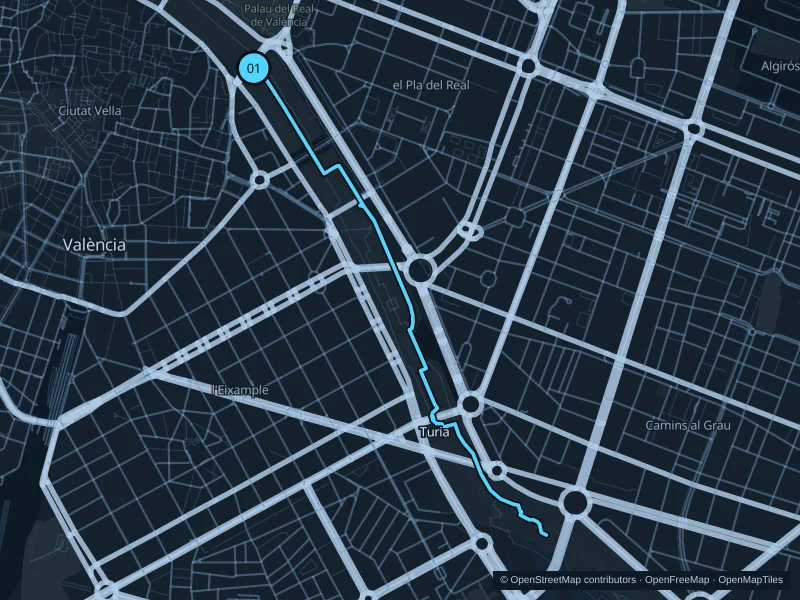 Mapa de la ruta de 5,2 km por el Jardín del Turia, con inicio y final marcados con 01.