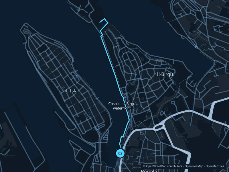 Mapa de la ruta Cospicua · Paseo marítimo de Birgu, de 2,0 km, con salida y llegada en el punto 03.