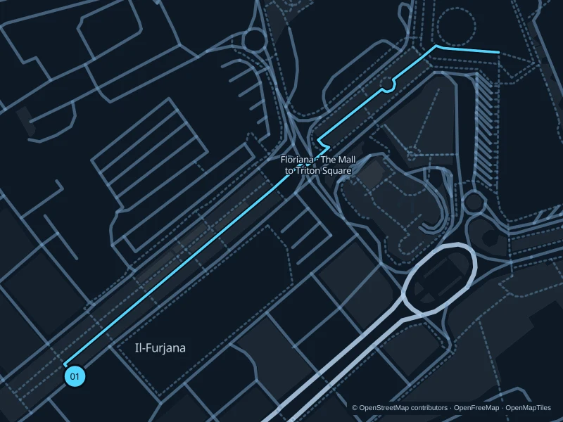 Mapa de la ruta Floriana · De The Mall a la plaza Tritón, de 1,1 km, con salida y llegada en el punto 01.