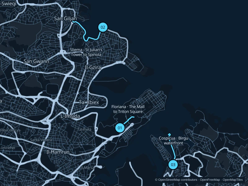Mapa de La Valeta con tres puntos de inicio de rutas para correr numerados.