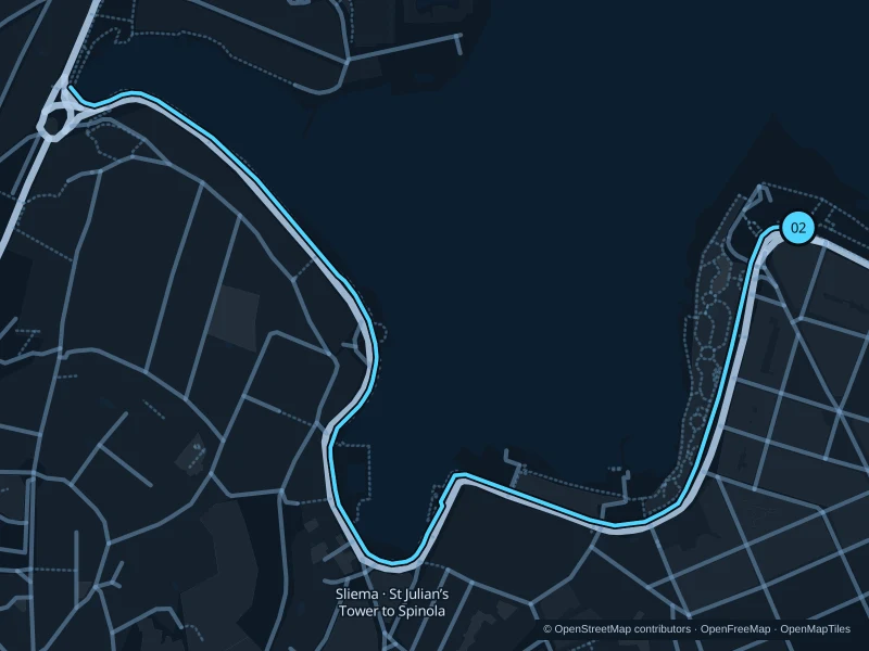 Mapa de la ruta Sliema · De St Julian’s Tower a Spinola, de 3,1 km, con salida y llegada en el punto 02.