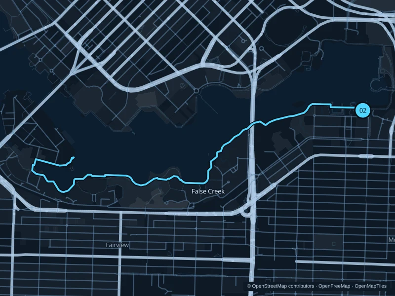 Map of the 6.1 km False Creek southern-shore run, with start and finish marked 02.