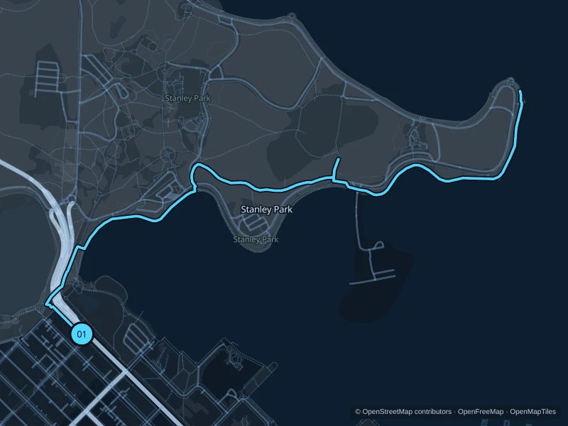 Map of the 4.8 km Stanley Park · eastern seawall run, with start and finish marked 01.