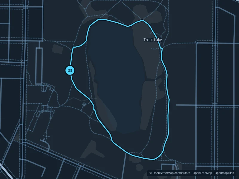 Map of the 1.2 km Trout Lake run, with start and finish marked 03.