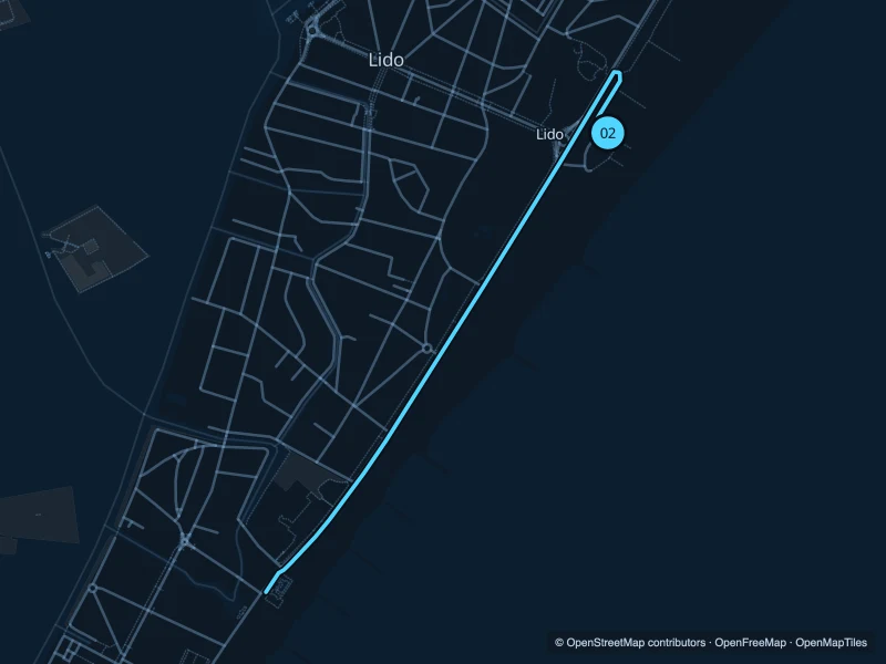 Map of the 3.5 km Lido · Adriatic promenade run, with start and finish marked 02.