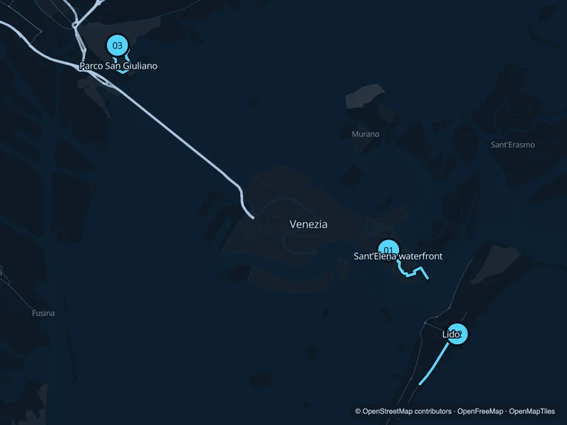 Map of Venice with three numbered running-route starts.