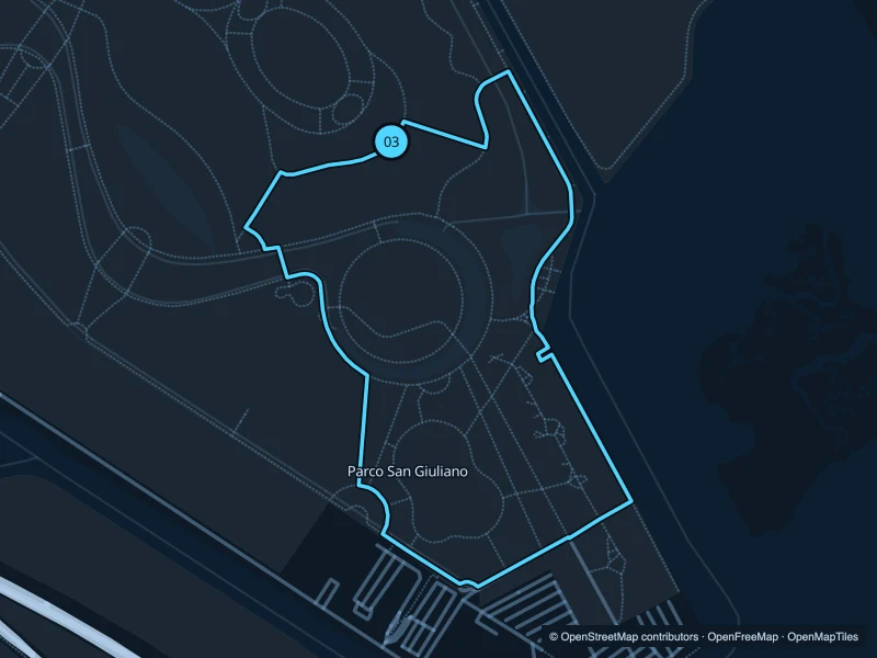 Map of the 2.2 km Parco San Giuliano run, with start and finish marked 03.