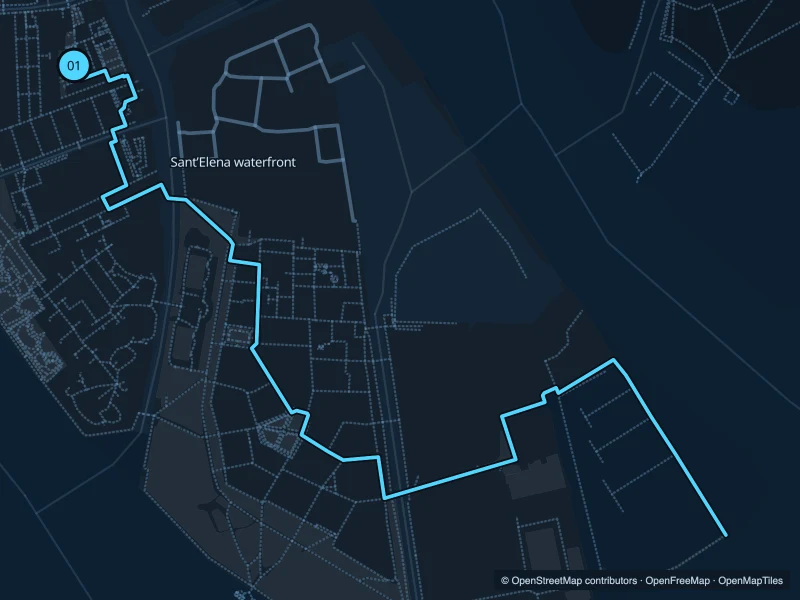 Map of the 3.5 km Sant’Elena & the eastern gardens run, with start and finish marked 01.