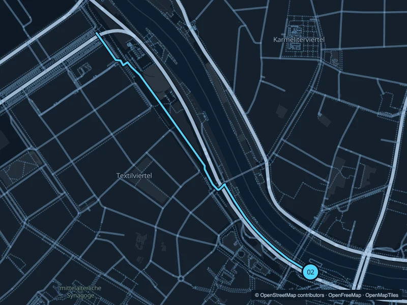 Map of the 1.7 km Donaukanal run, with start and finish marked 02.
