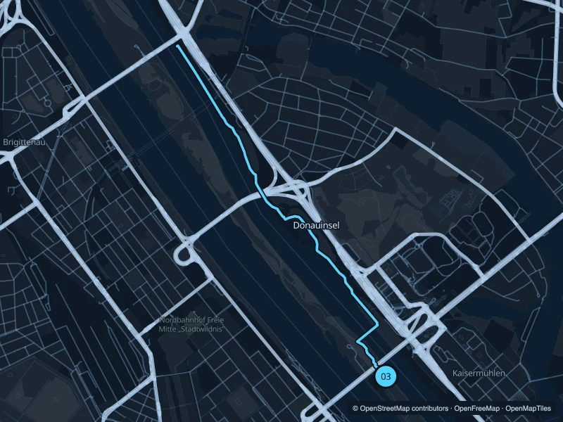 Map of the 6.3 km Donauinsel run, with start and finish marked 03.
