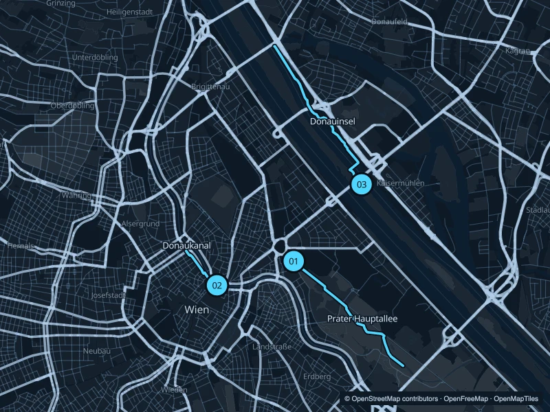 Map of Vienna with three numbered running-route starts.
