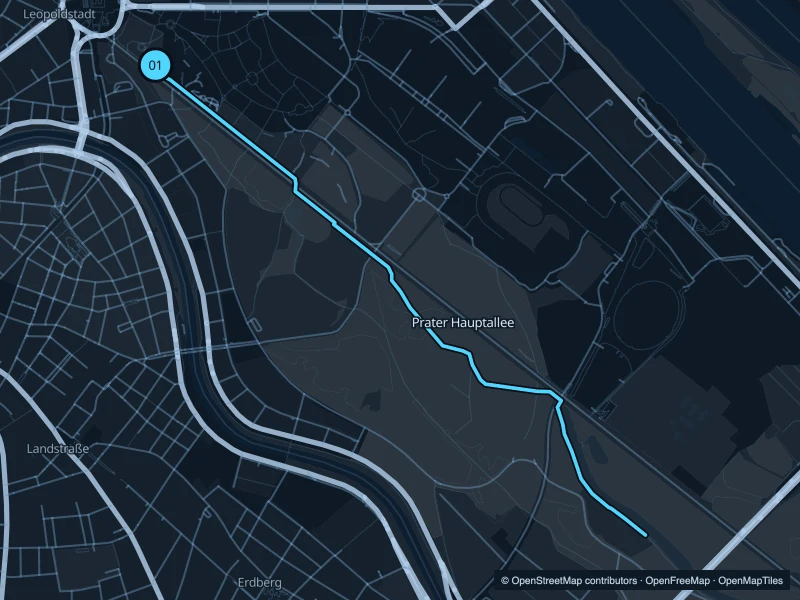 Map of the 5.6 km Prater Hauptallee run, with start and finish marked 01.
