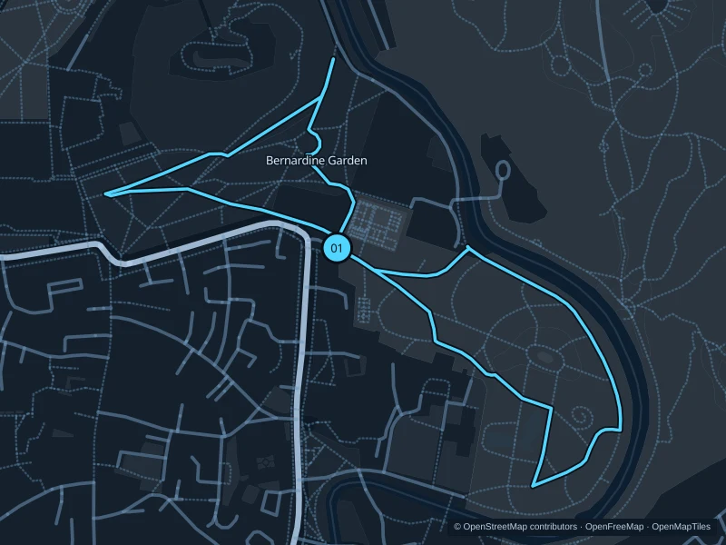 Map of the 1.9 km Bernardine Garden run, with start and finish marked 01.