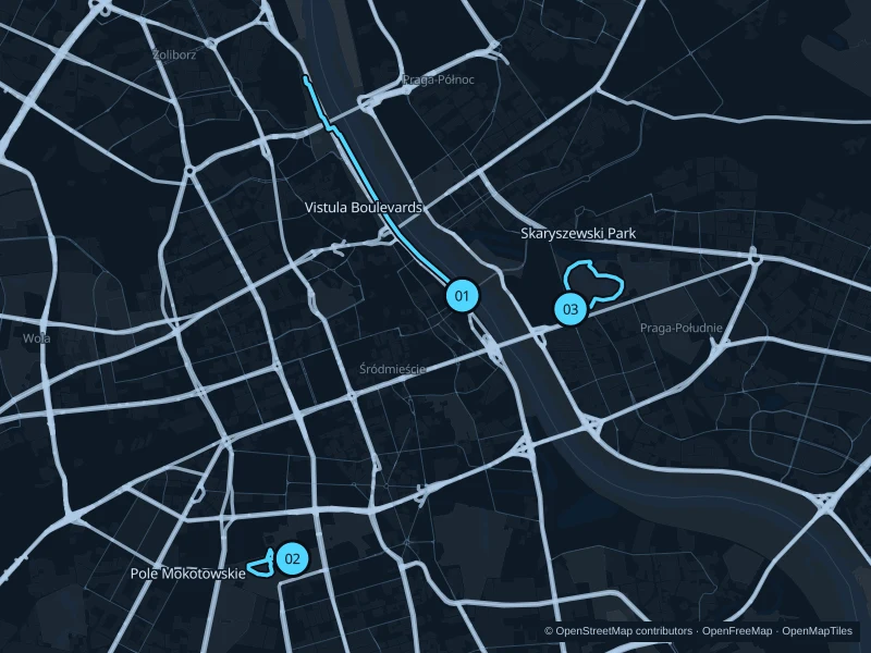 Map of Warsaw with three numbered running-route starts.