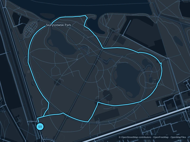 Map of the 2.3 km Skaryszewski Park · garden circuit run, with start and finish marked 03.