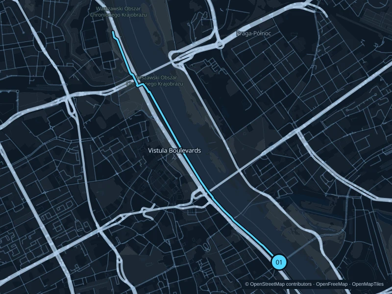 Map of the 6.9 km Vistula Boulevards · northern quays run, with start and finish marked 01.