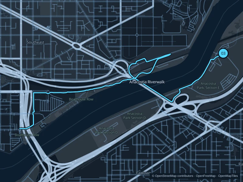 Map of the 7.2 km Anacostia Riverwalk run, with start and finish marked 03.