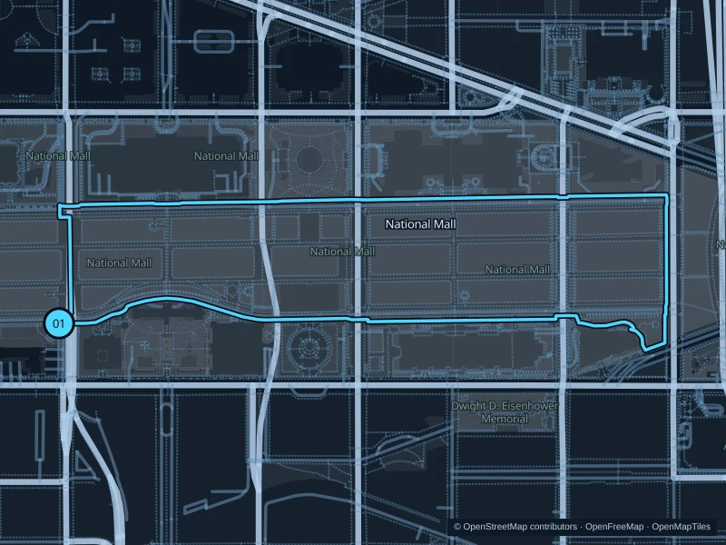 Map of the 2.9 km National Mall run, with start and finish marked 01.