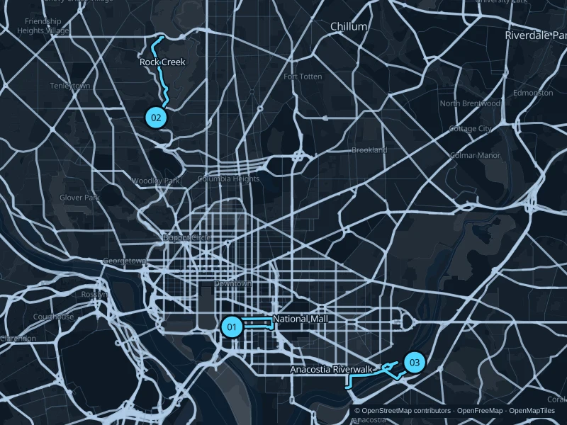Map of Washington, DC with three numbered running-route starts.