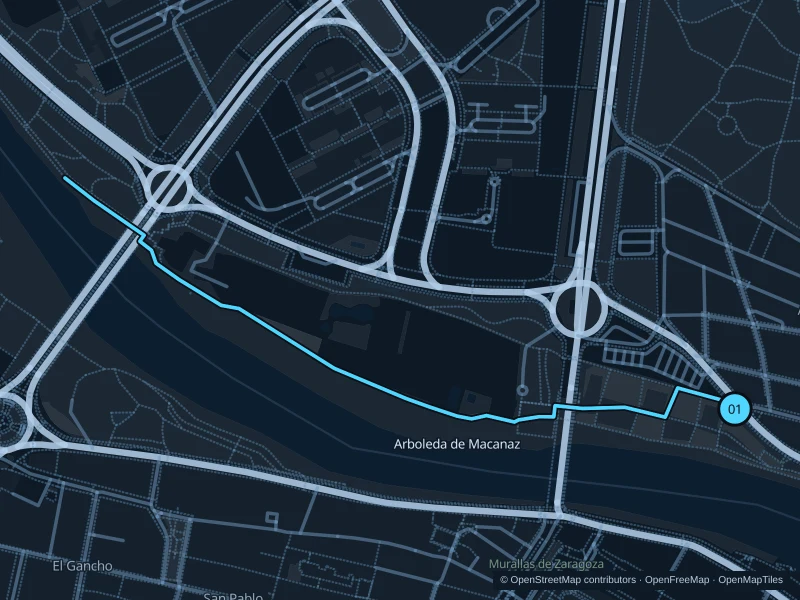 Karte der 2,5 km langen Strecke Promenade am Nordufer des Ebro mit Start und Ziel an Punkt 01.