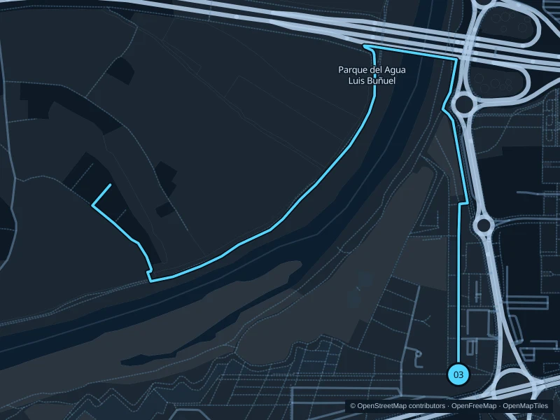 Karte der 5,1 km langen Strecke Kanäle und Wiesen im Parque del Agua mit Start und Ziel an Punkt 03.