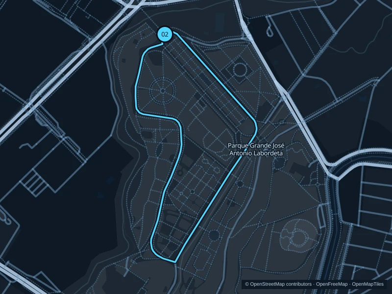 Karte der 1,6 km langen Strecke Alleen im Parque Grande mit Start und Ziel an Punkt 02.
