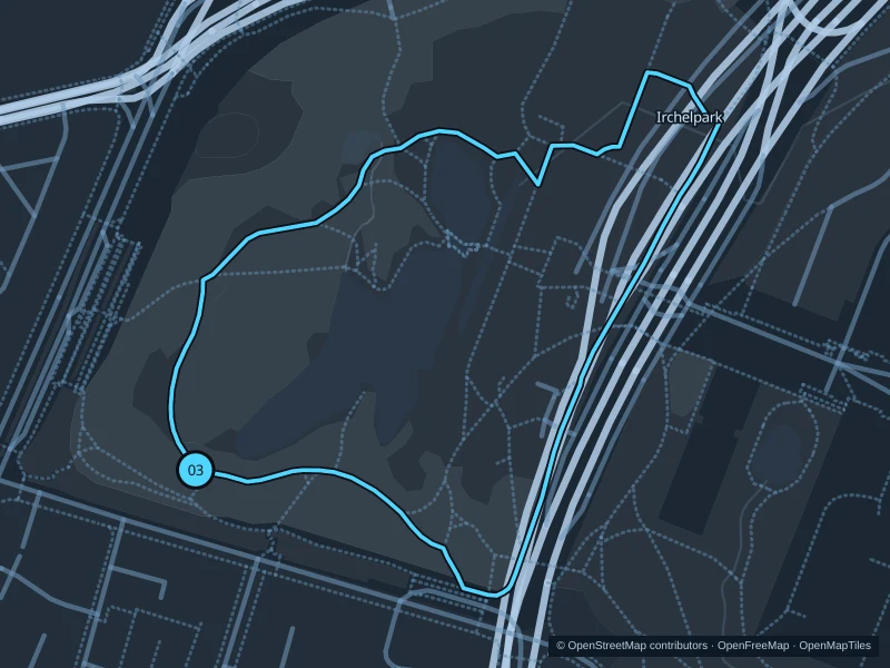 Map of the 2.2 km Irchelpark run, with start and finish marked 03.
