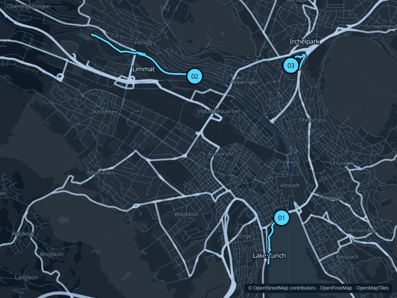 Map of Zurich with three numbered running-route starts.